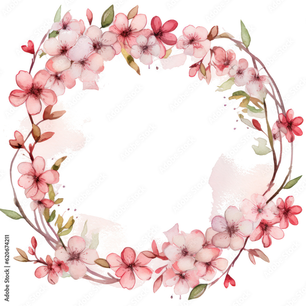 Watercolor frame with sakura flowers. Illustration AI Generative.