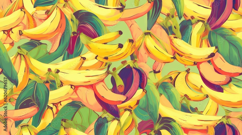  a bunch of yellow bananas with green leaves on a green background with a pink and yellow background