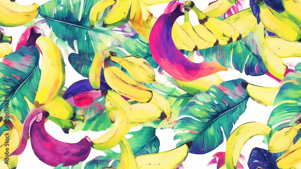  a painting of bananas and leaves on a white background with a pink, yellow, and green design on the