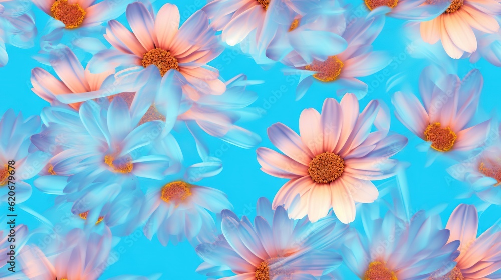  a bunch of flowers that are on a blue surface with a pink center and a yellow center on the center 