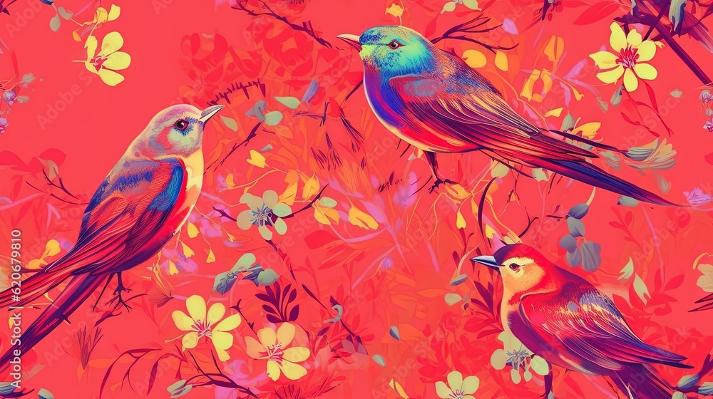  a group of birds sitting on top of a tree filled with leaves and flowers on a red background with y