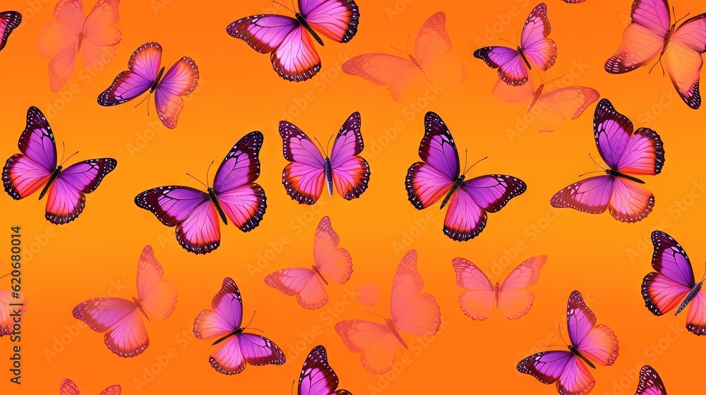  a group of pink butterflies flying in the air on an orange background with a black outline of a but