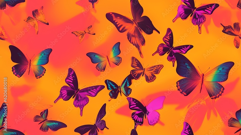  a group of colorful butterflies flying in the air over a yellow background with pink and blue color