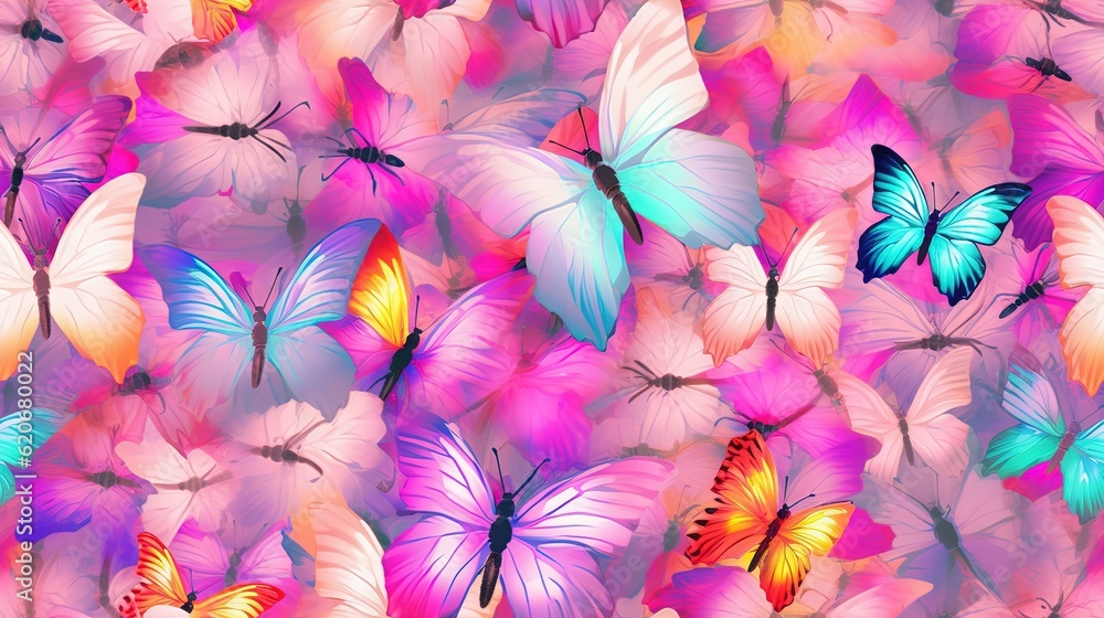  a lot of colorful butterflies flying in the air with pink and blue colors on the wings and the wing