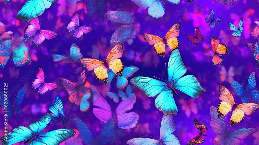  a group of colorful butterflies flying in the air over a purple background with pink and blue flowe