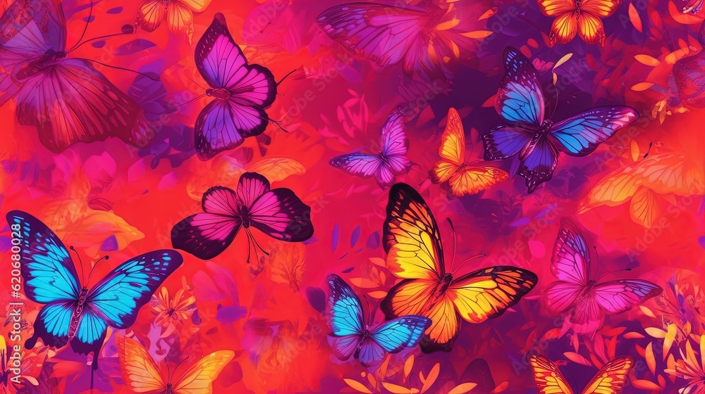  a group of colorful butterflies flying over a red field of grass and flowers with a bright pink sky