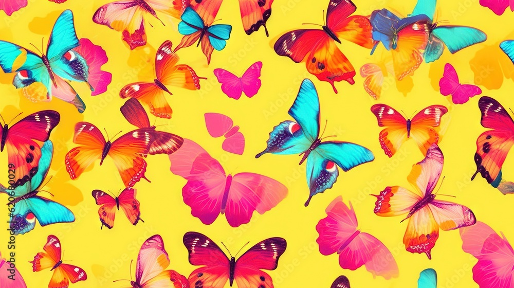  a group of colorful butterflies flying through the air on a yellow background with a blue sky in th