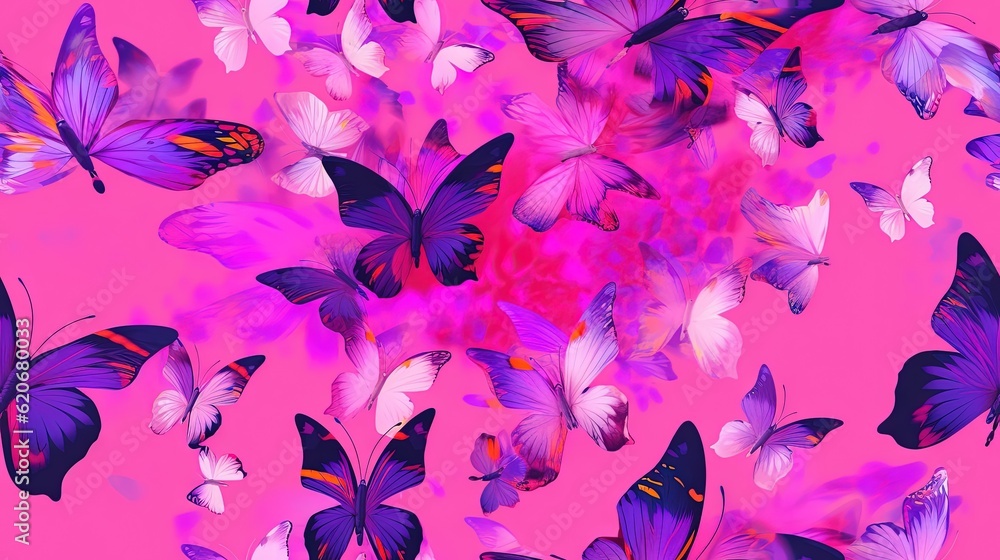  a bunch of purple butterflies flying in the air on a pink background with a pink and purple backgro