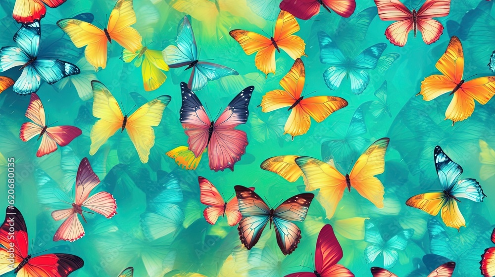  a group of colorful butterflies flying through the air on a green background with a blue sky in the