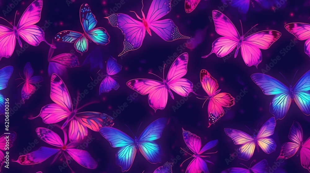  a group of pink and blue butterflies flying in the air on a black background with stars and sparkle