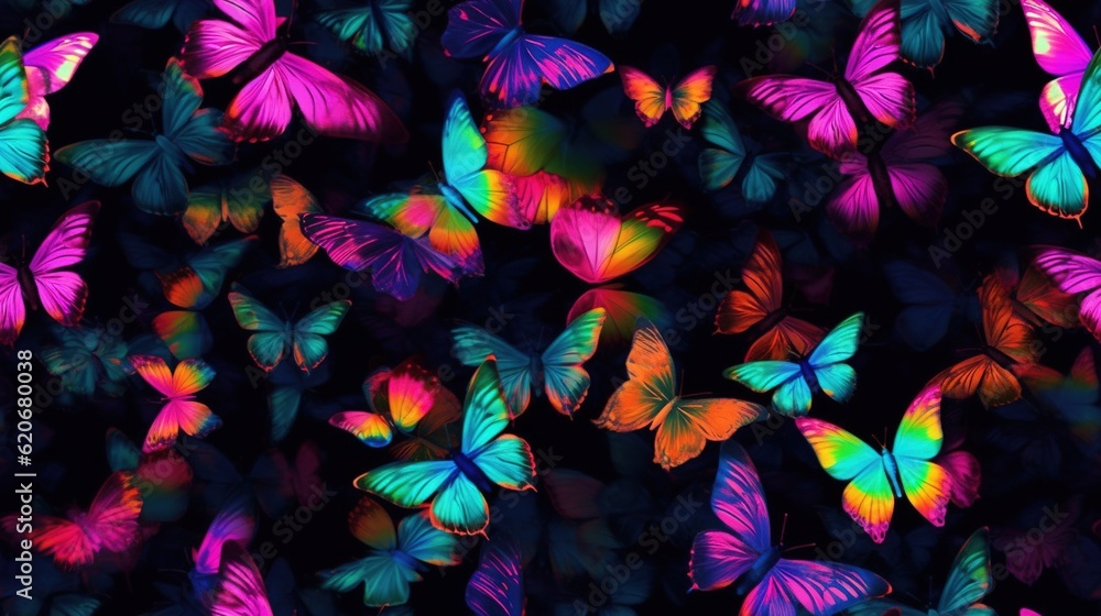  a group of colorful butterflies flying in the air with bright colors on their wings and wings, all 