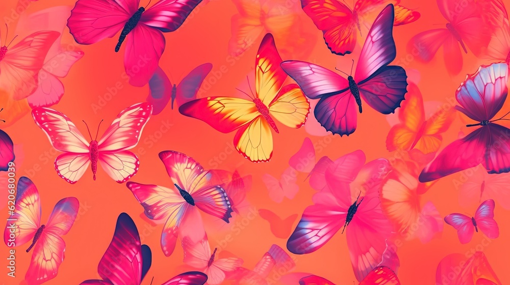  a group of colorful butterflies flying through the air on a pink background with a pink sky in the 