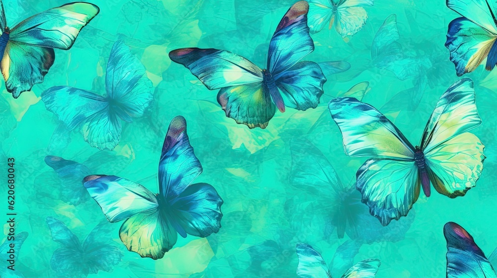  a group of blue butterflies flying through the air on a green background with blue and yellow leave