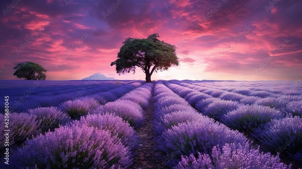  a lone tree in a field of lavenders under a purple sky with a mountain in the distance and a pink s