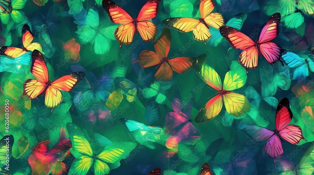  a group of colorful butterflies flying in the air with a green background and a blue sky in the bac