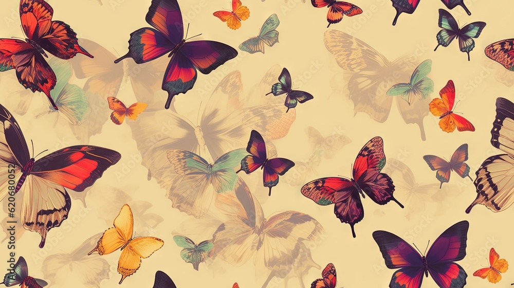  a group of colorful butterflies flying through the air on a white background with a light yellow ba