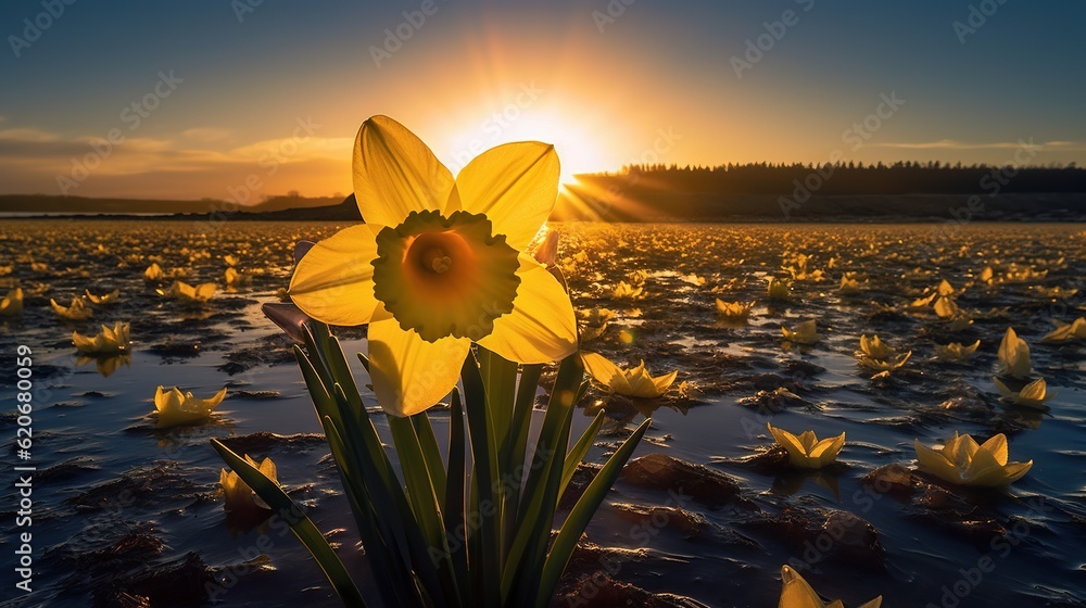  a field of yellow flowers with the sun setting in the distance behind them and a body of water in t