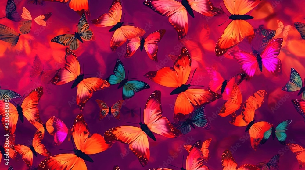  a group of butterflies flying in the air with bright colors on them and a purple background with re