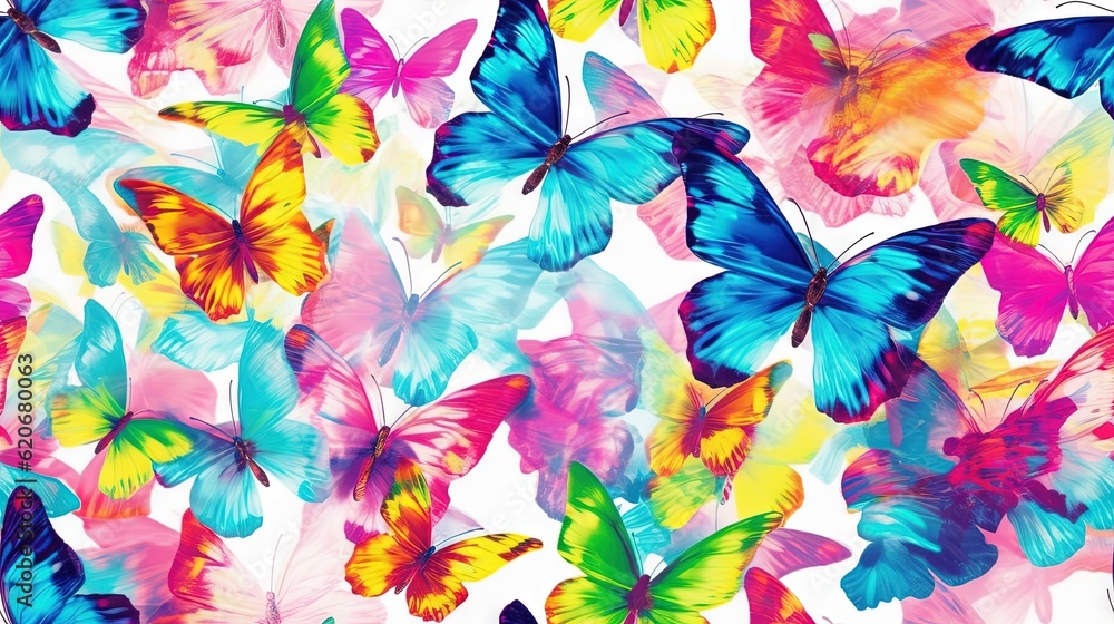  a group of colorful butterflies flying through the air on a white background with a blue sky in the