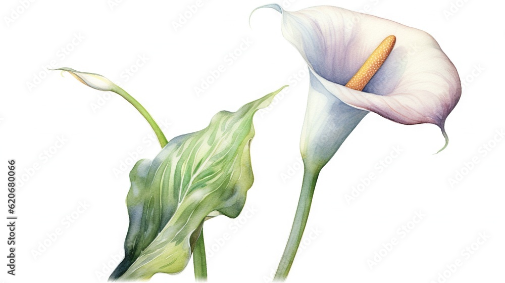  a painting of a white flower with a yellow stamen in the center of the flower and a green leaf in t