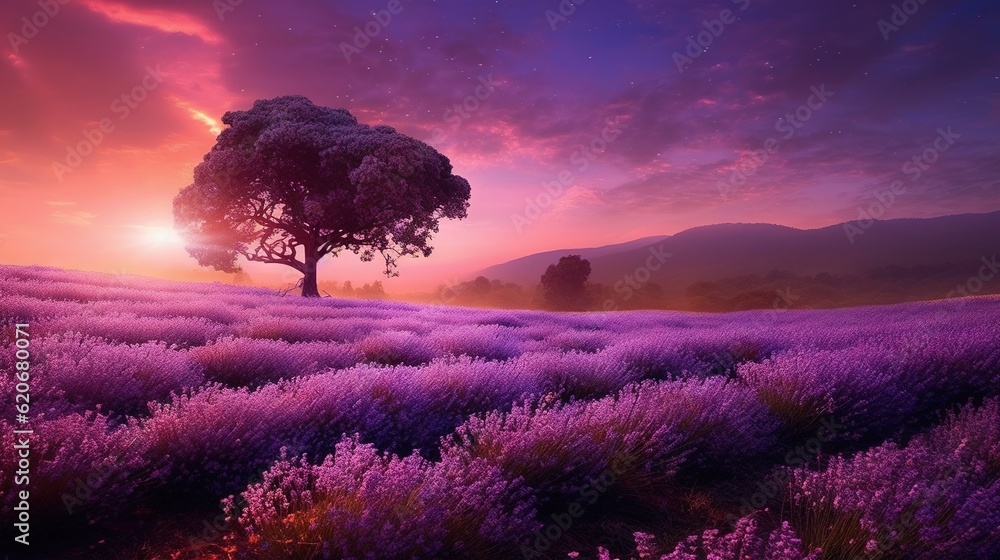  a lone tree in a field of lavenders at sunset with the sun setting in the distance and a purple sky