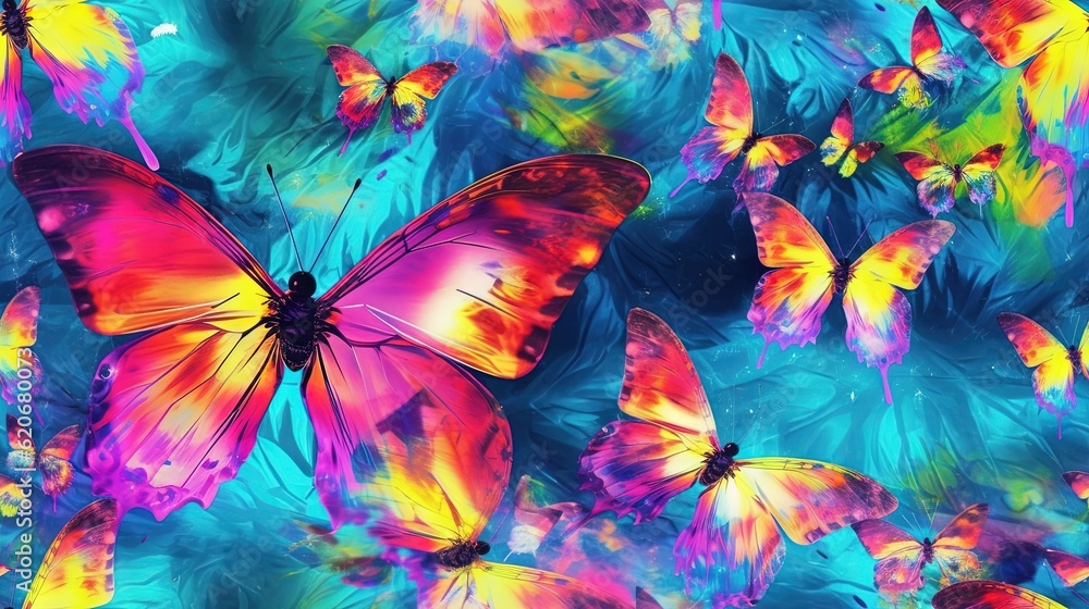  a group of colorful butterflies flying through the air on a blue background with a green leafy patt