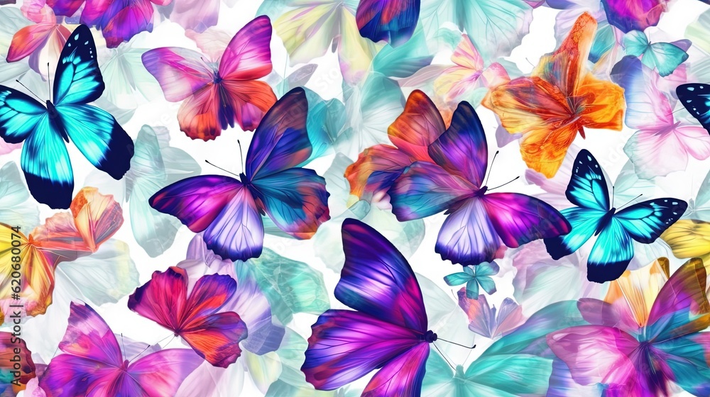  a group of colorful butterflies flying through the air with a white background and a blue sky in th