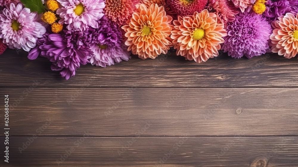  a bunch of colorful flowers on a wooden surface with space for a text or a picture to put on a gree