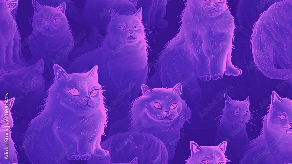  a group of cats sitting next to each other on a purple background with a third cat in the middle of