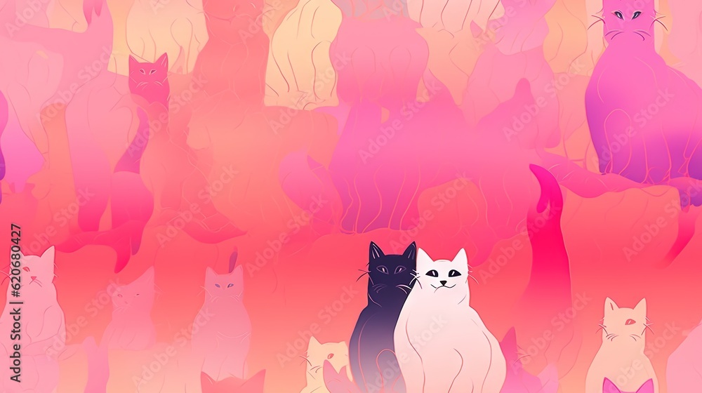  a group of cats standing in front of a pink background with orange and pink colors on its sides an