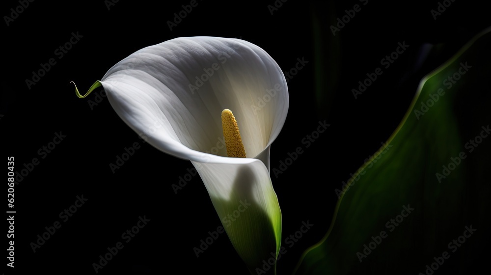  a close up of a white flower on a black background with a green stem and a yellow stamen in the cen