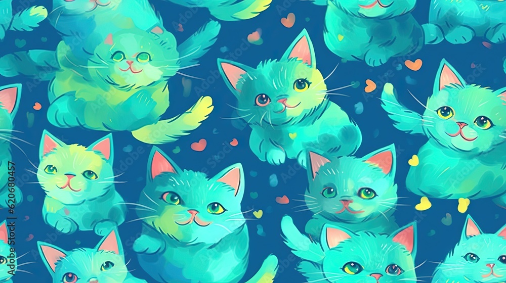  a group of cats sitting next to each other on a blue background with hearts and hearts on its back