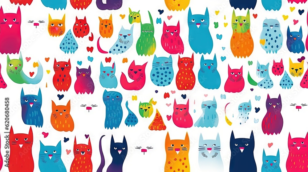  a large group of colorful cats standing next to each other on a white background with hearts in the