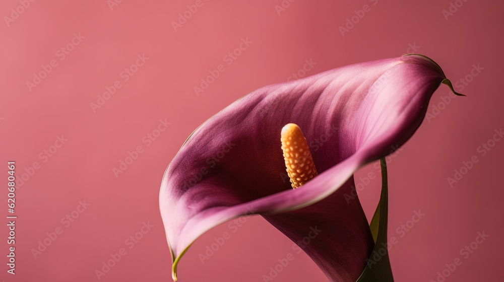  a pink flower with a yellow stamen on its end and a pink background with a pink wall in the backgr