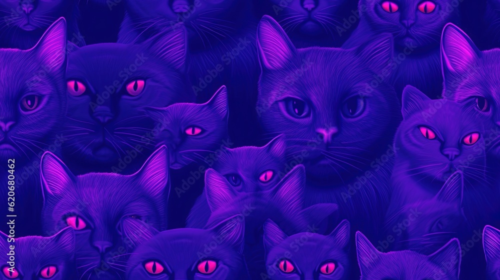  a group of purple cats with red eyes and glowing pink eyes are shown in a pattern on a purple backg