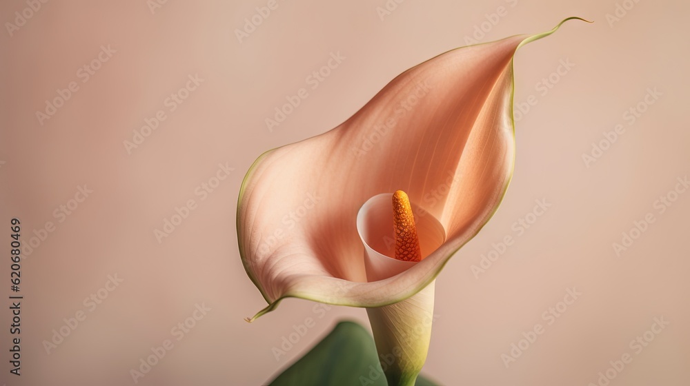  a pink flower with a yellow stamen on a green stem with a light pink back ground and a light pink b