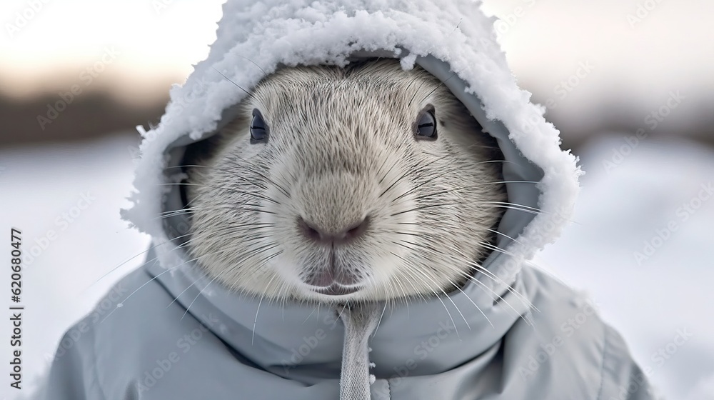  a close up of a rodent wearing a jacket and a hoodie in the snow with snow on its face and nose, wi