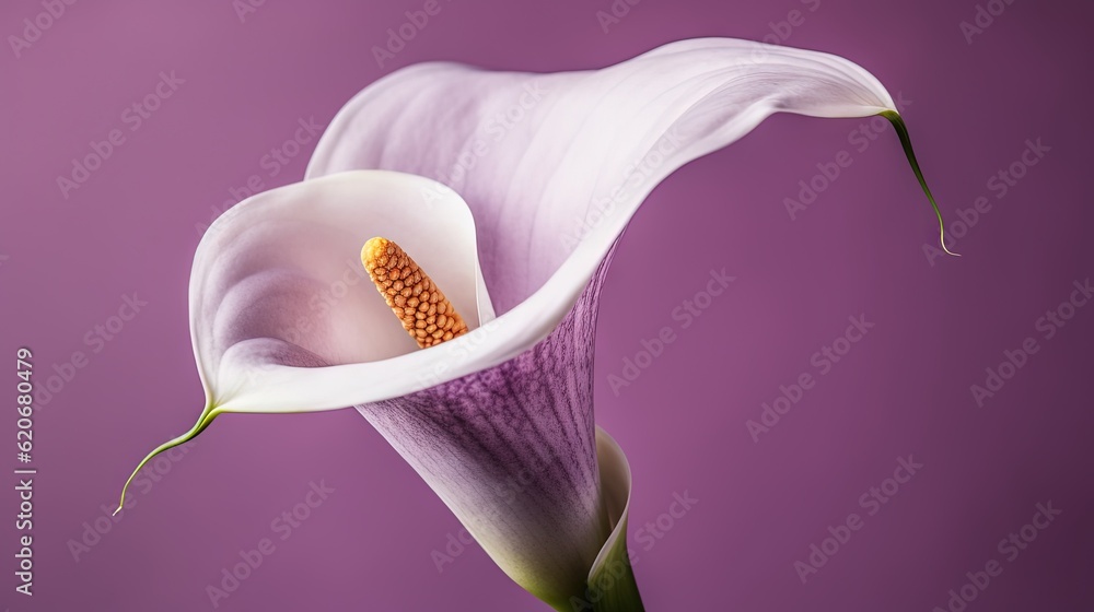  a white flower with a yellow stamen on a purple background with a green stem in the center of the f