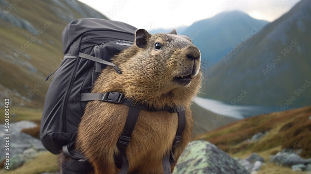  a groundhog with a backpack on its back standing on a mountain top with a lake in the distance in t