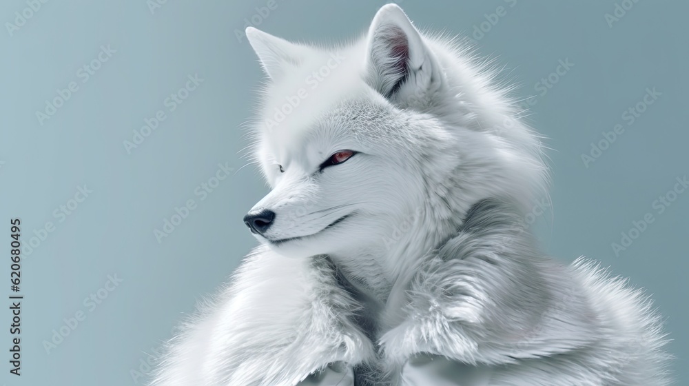  a white wolf with red eyes and a fur coat on a blue background with a shadow of the wolfs head on 