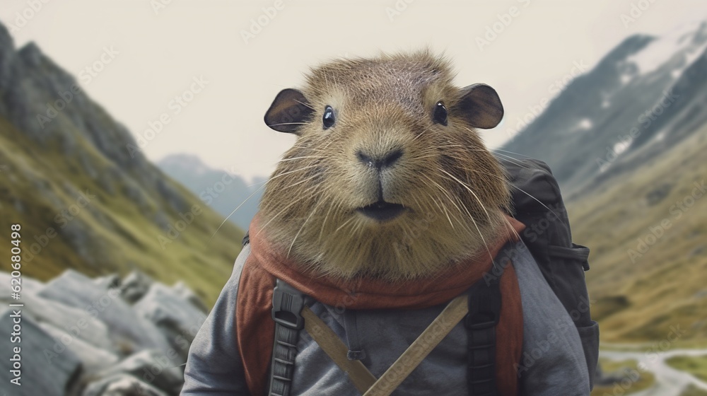  a close up of a rodent with a backpack on its back and a mountain in the back ground behind it, wi