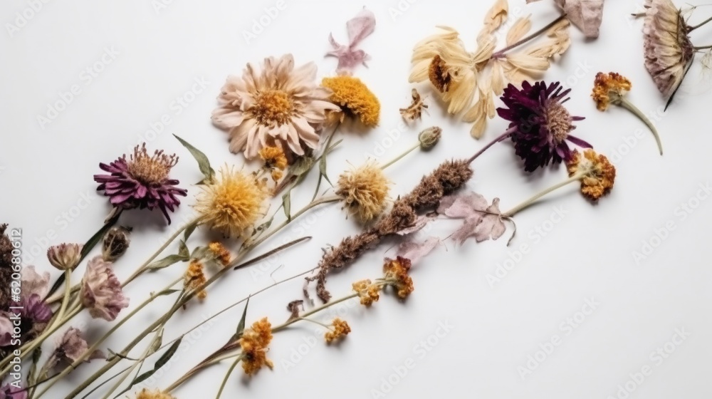  dried flowers laid out on a white surface with a white background and a few dead flowers in the mid