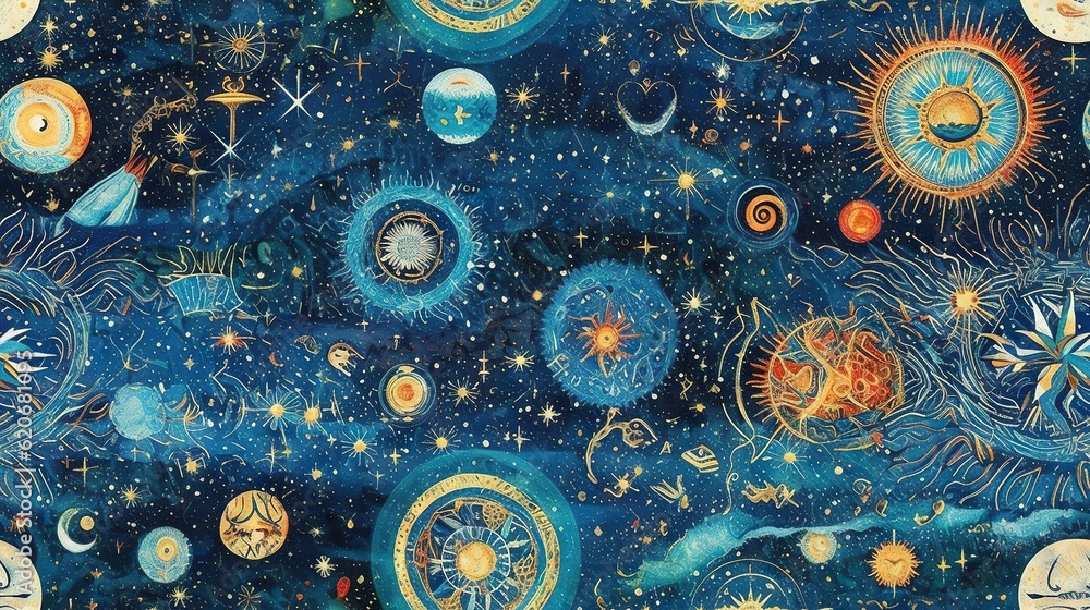  a painting of a space scene with many planets and stars in the sky, and a blue background with gold