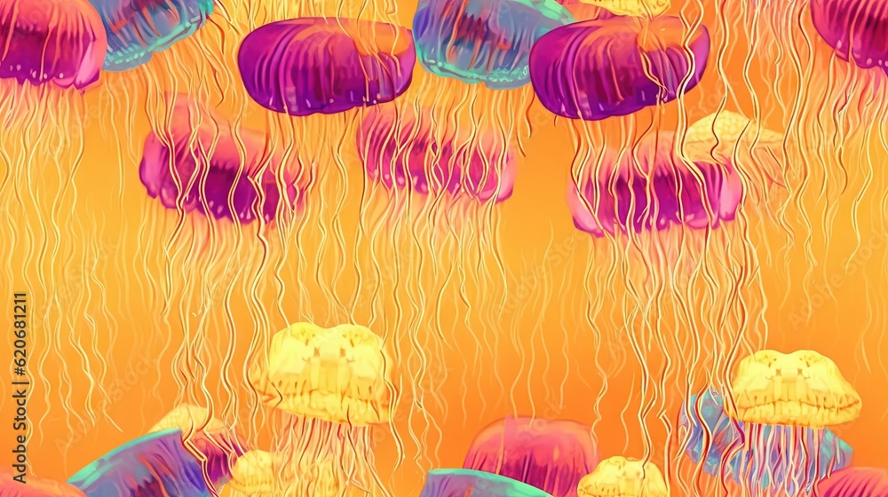  a group of jellyfish floating in the ocean on an orange background with yellow and pink stripes and