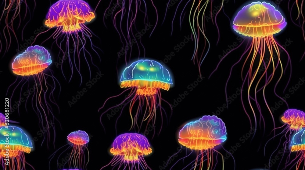  a group of jellyfish floating in the ocean at night with colorful lights on them, all of which are 