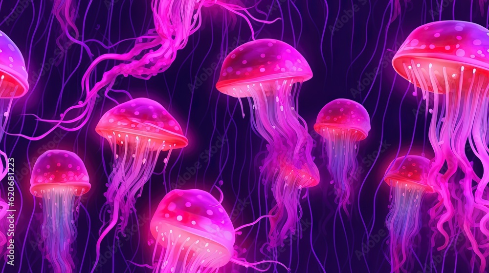  a group of jellyfish floating in the ocean under a purple sky with bubbles and bubbles on its side