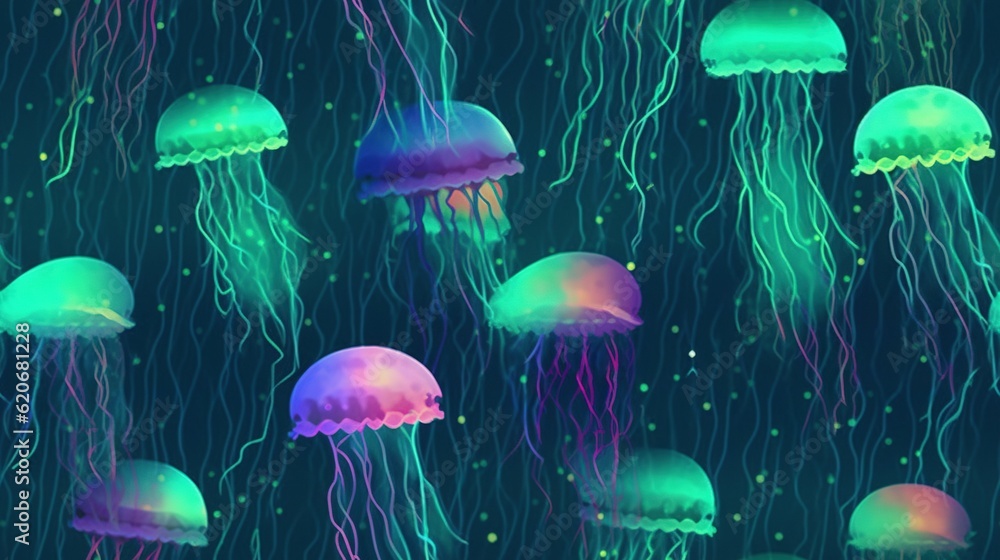  a group of jellyfish floating in the ocean at night with colorful lights on them and a dark backgro