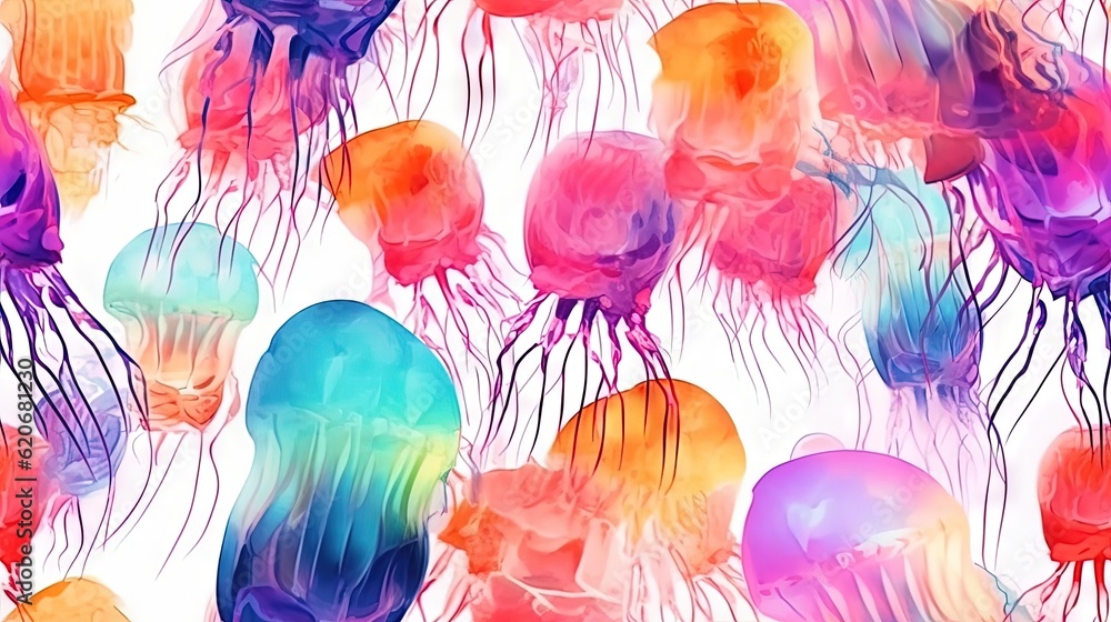  a group of jellyfish floating in the water with different colors of jellyfish in the water and on t