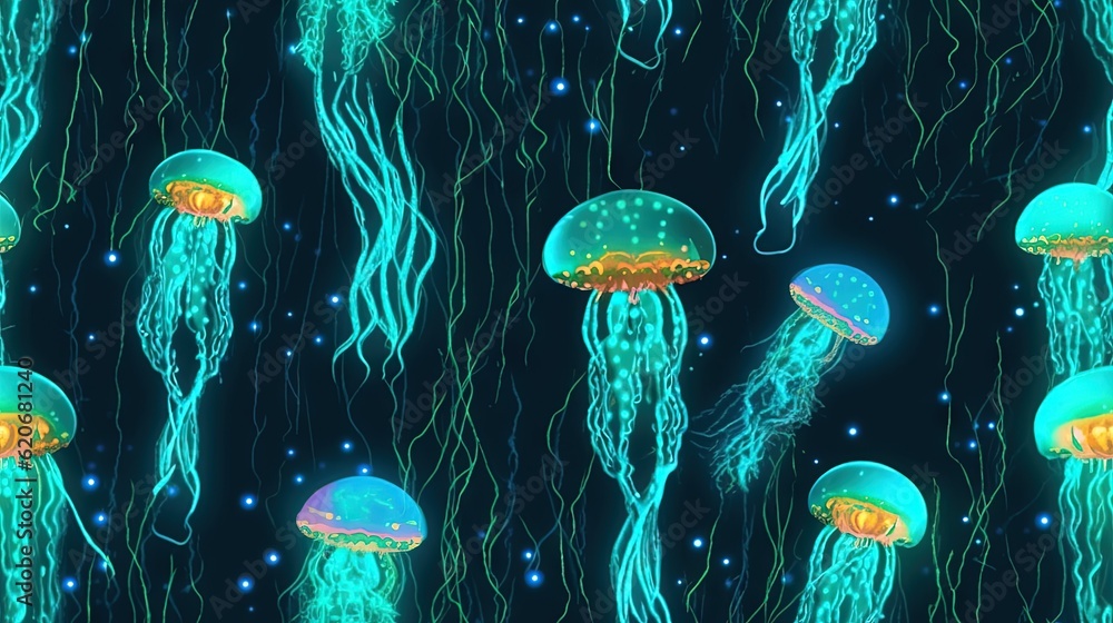  a group of jellyfish floating in the ocean under blue sky with stars and bubbles in the water, all 