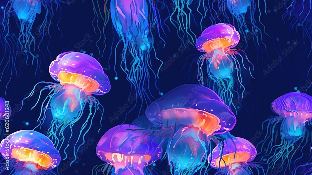  a group of jellyfish floating in the ocean at night under a blue sky with a lot of jellyfish in the